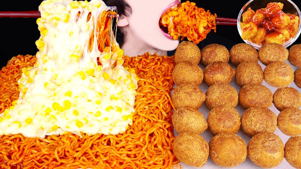 ASMR CORN CHEESE FIRE NOODLES FRIED CHICKEN CHEESE BALLS COOKING MUKBANG 콘치즈 불닭볶음면 먹방 EATING SOUNDS