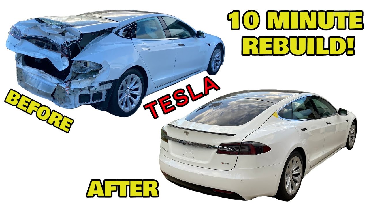 REBUILDING A WRECKED TESLA MODEL S 100D IN 10 MINUTES ! Like THROTL ( CRAZY DAMAGE )