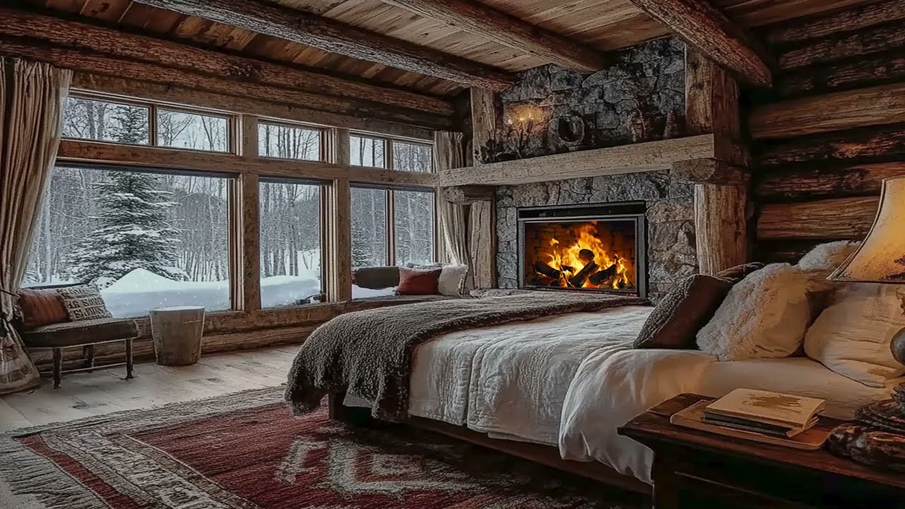 ❄️😴 Cozy Winter Bedroom | Blizzard Howling Outside & Fireplace Crackling | Sleep, Relax, Destress