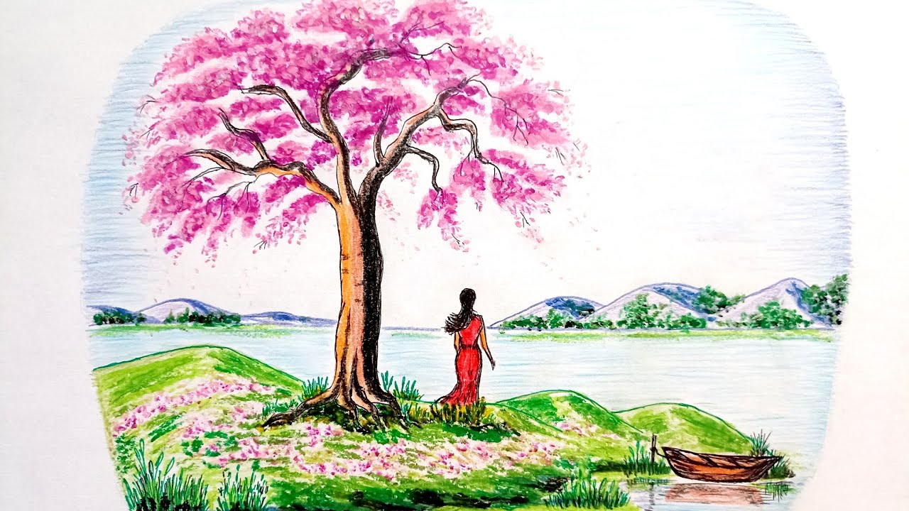 Scenery drawing with color pencil and pastel 🌳🌸