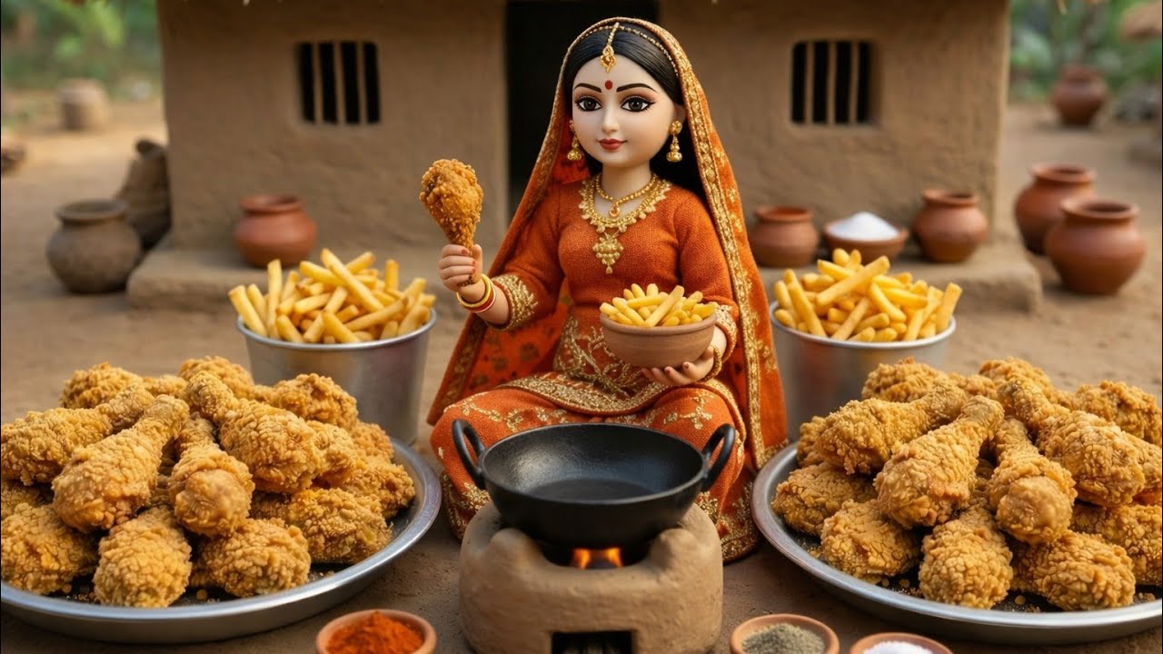 Miniature Doll massive KFC style fried chicken Cooking ASMR | Indian Village Tiny Kitchen Story