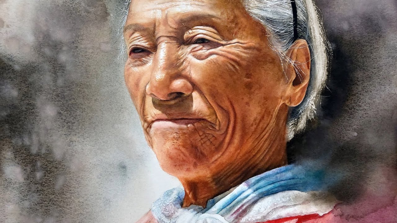 Демонстрация акварельного портрета (Title: My Grandma)