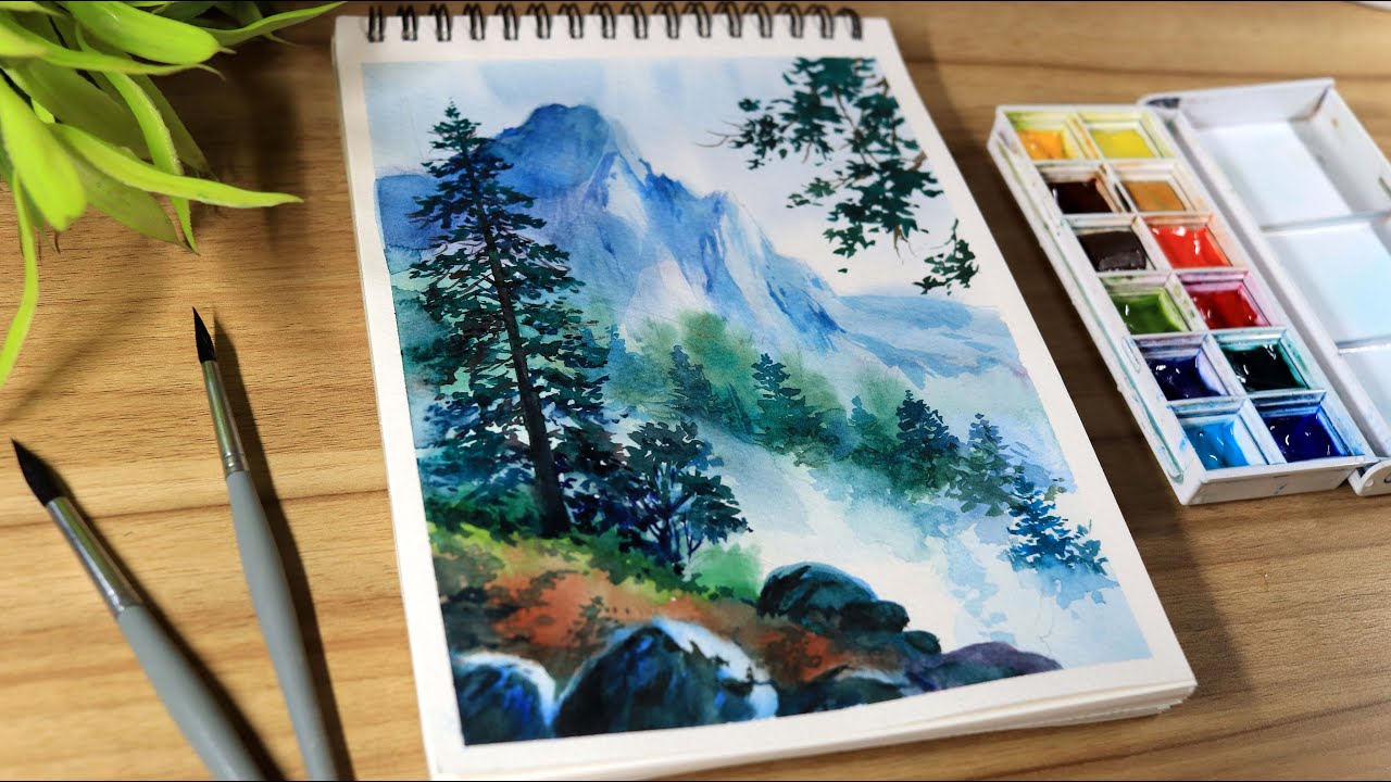 Watercolor Painting of Misty Landscape Step by Step