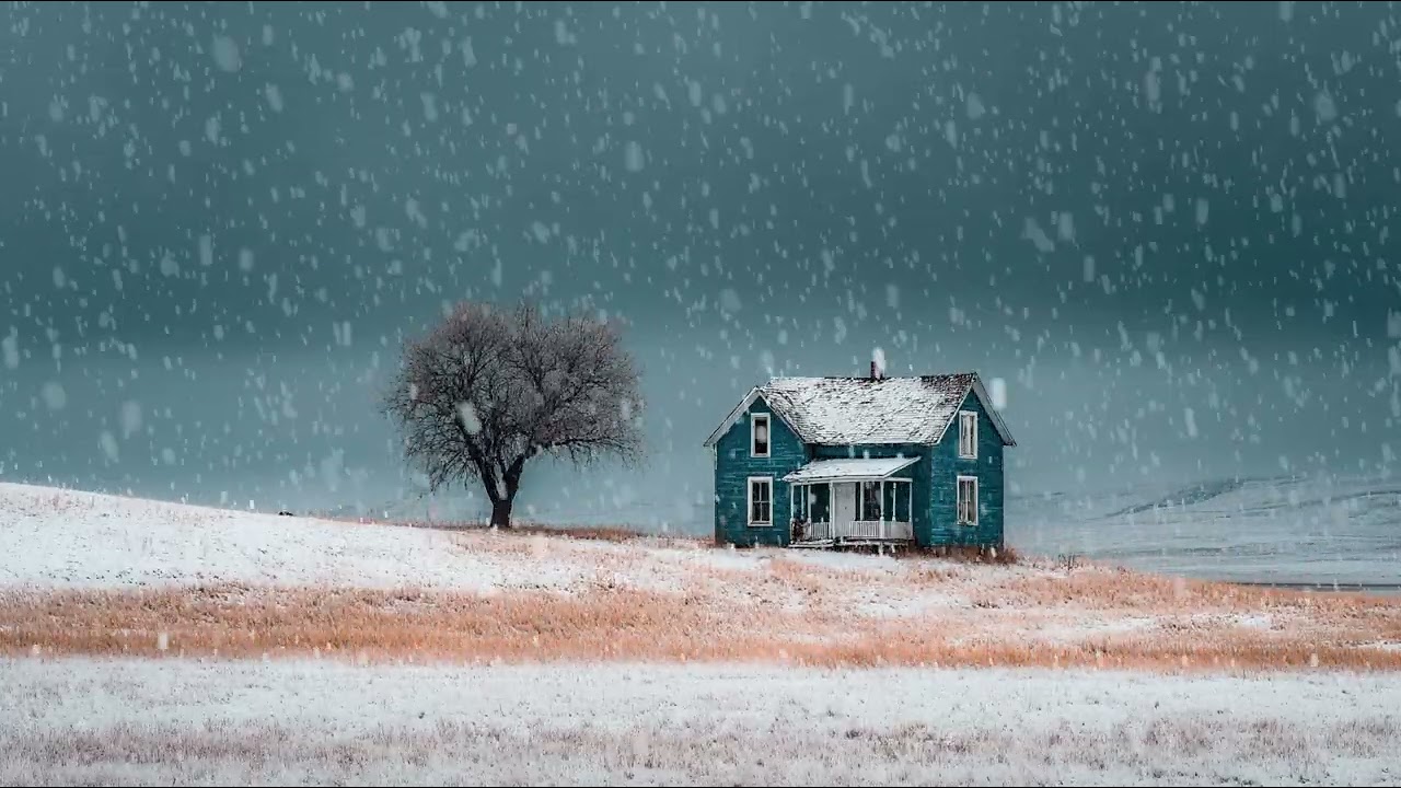 Quiet cabin surrounded by deep snow in the winter night | Calm ambience sounds for rest and sleep