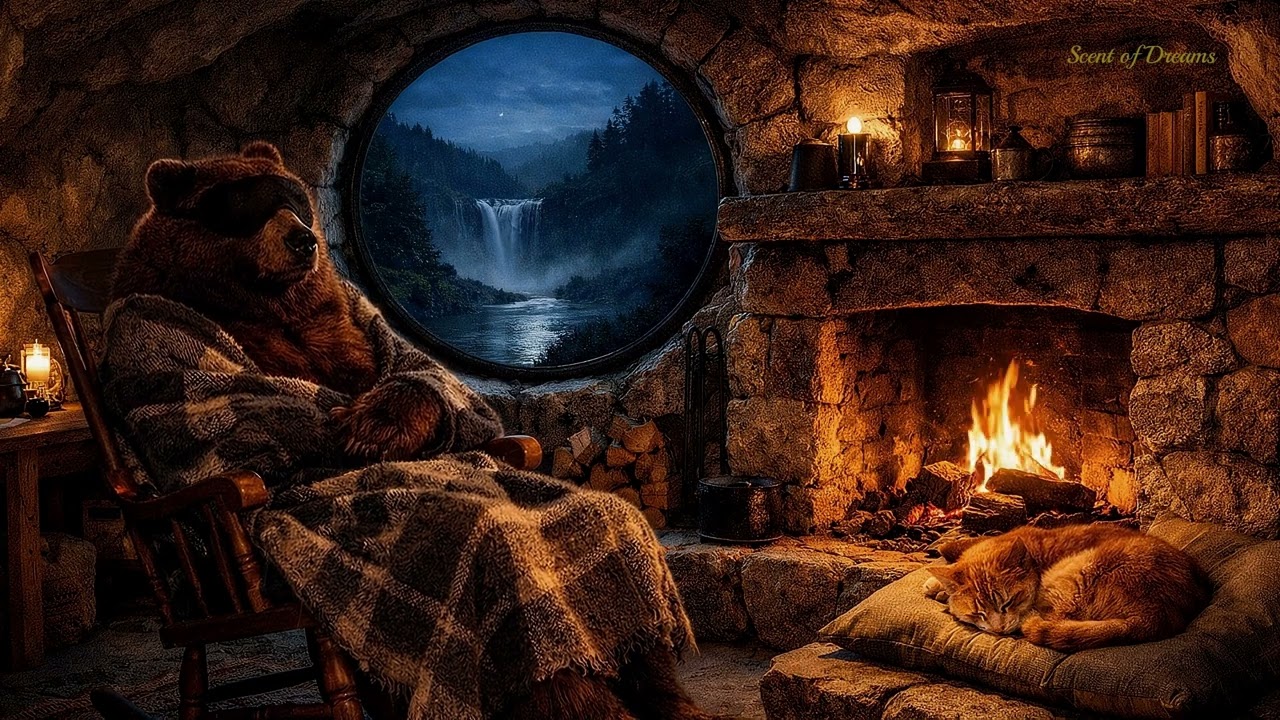 8H Ember & Bruno  Cozy Cabin Fireplace by the River & Waterfall