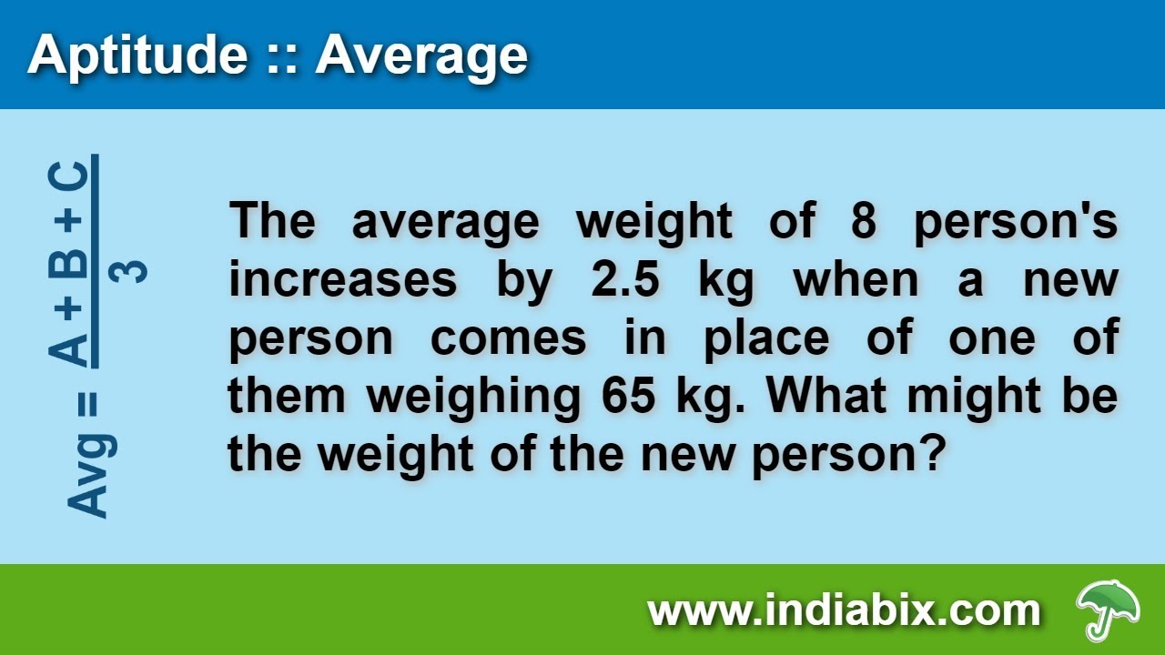 The average weight of 8 person's increases by 2.5 kg | Average | Aptitude | IndiaBIX