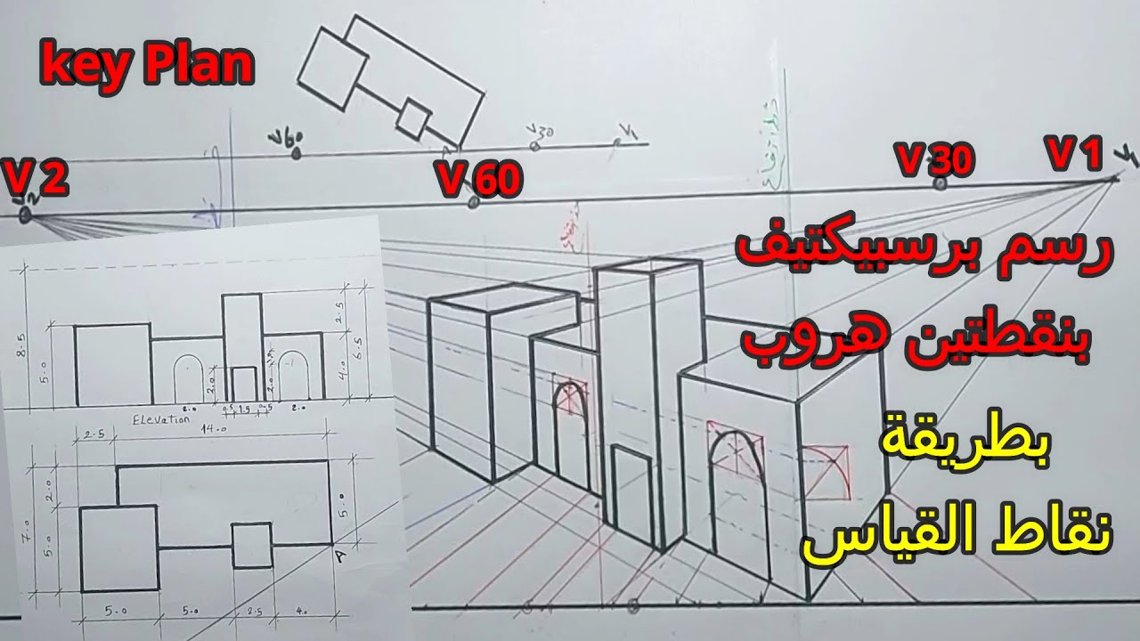 رسم برسبيكتيف بنقطتين هروب بطريقه نقاط القياس