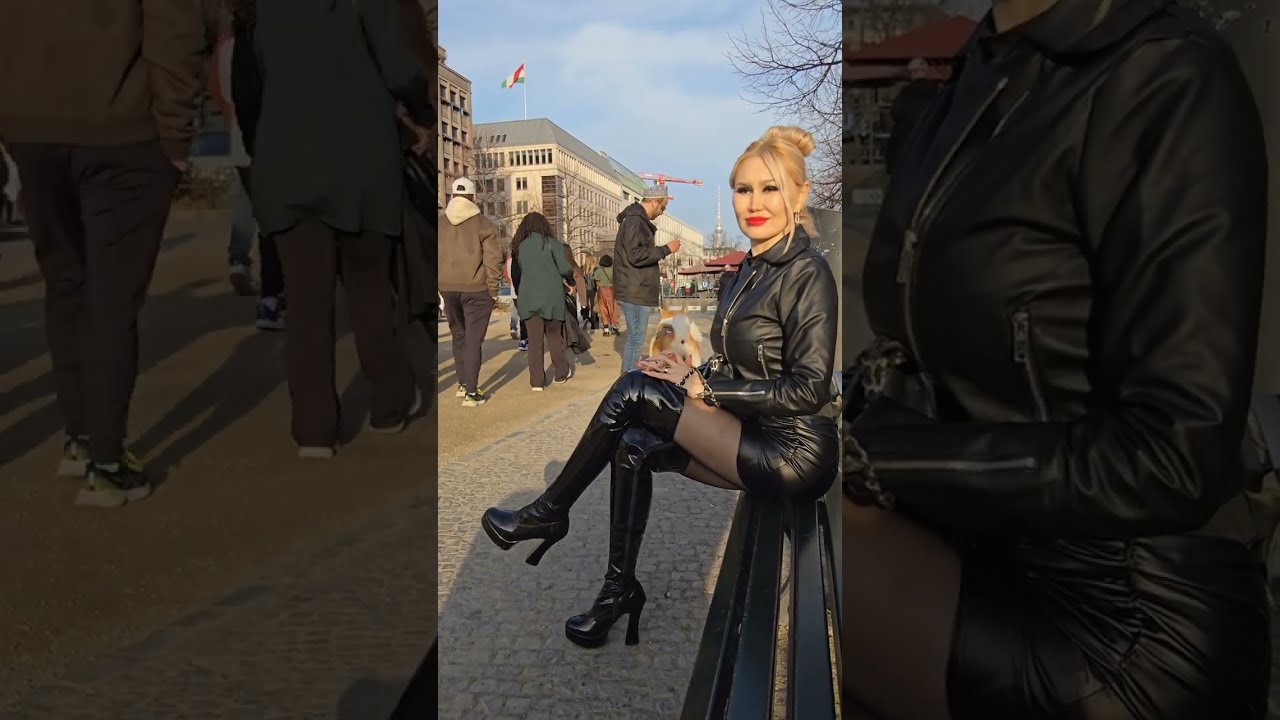 4k Granate Travelling touristic sightseeing #Brandenburg gate, #Berlin #Germany thigh high boots