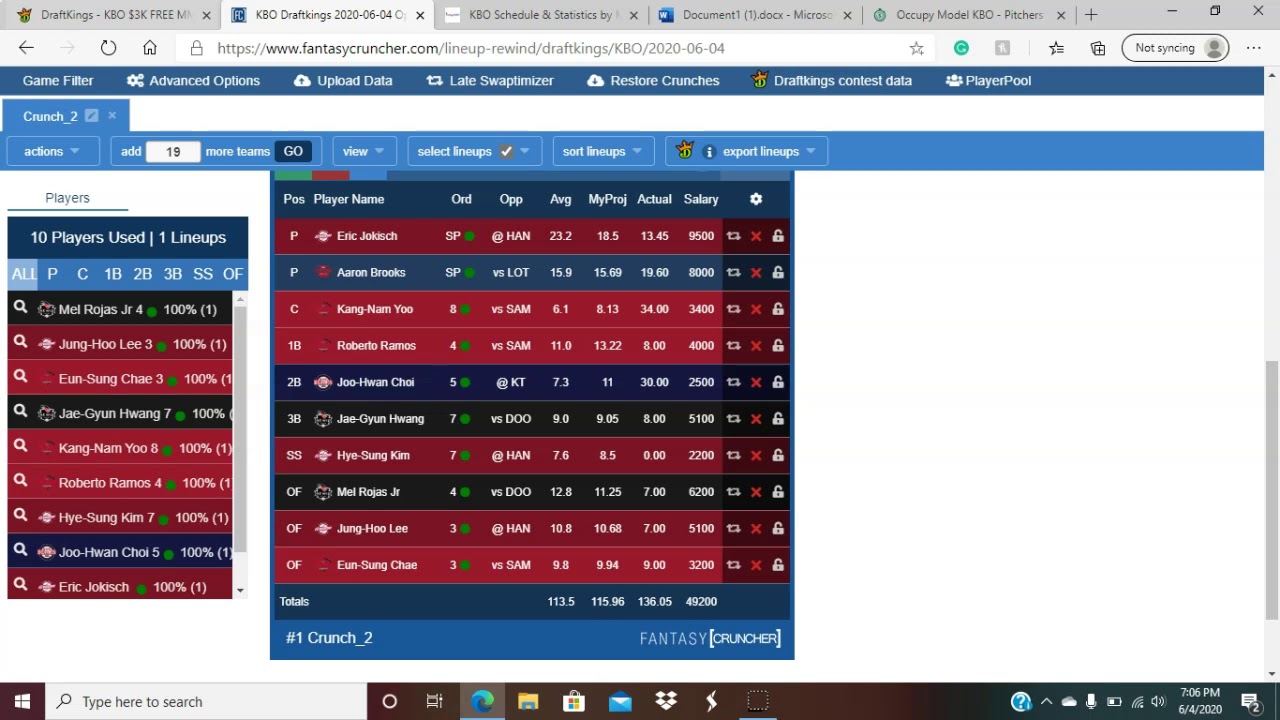 KBO DFS Advice 6/5/20