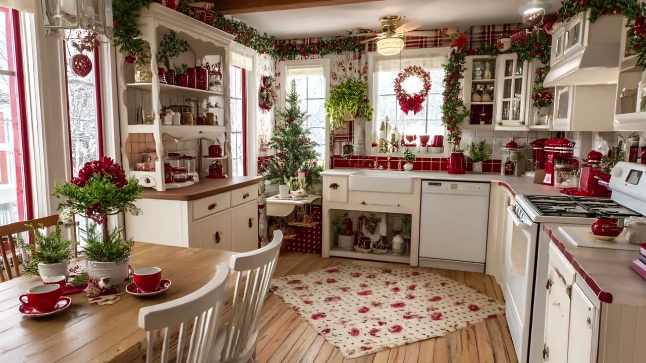 Vintage Holiday Kitchen | Red & White Christmas Decor with Cozy Cottage Charm