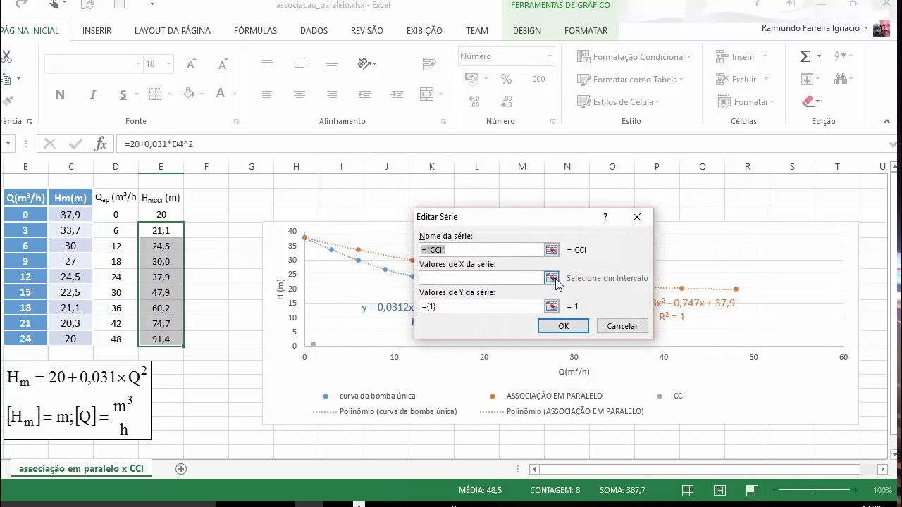 a associação em paralelo de bombas iguais pelo Excel