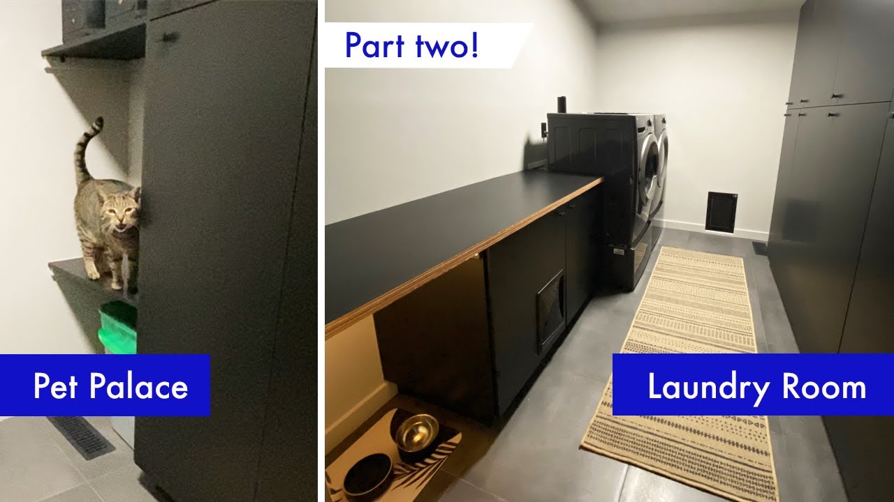 Laundry room reno: countertop, storage cabinets, hidden litterbox, and a high-tech cat feeder