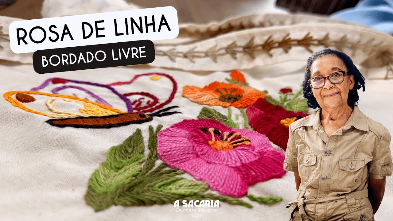 BORDADO LIVRE EM ECOBAG ROSA DE LINHA - ENEDINA BARBOSA