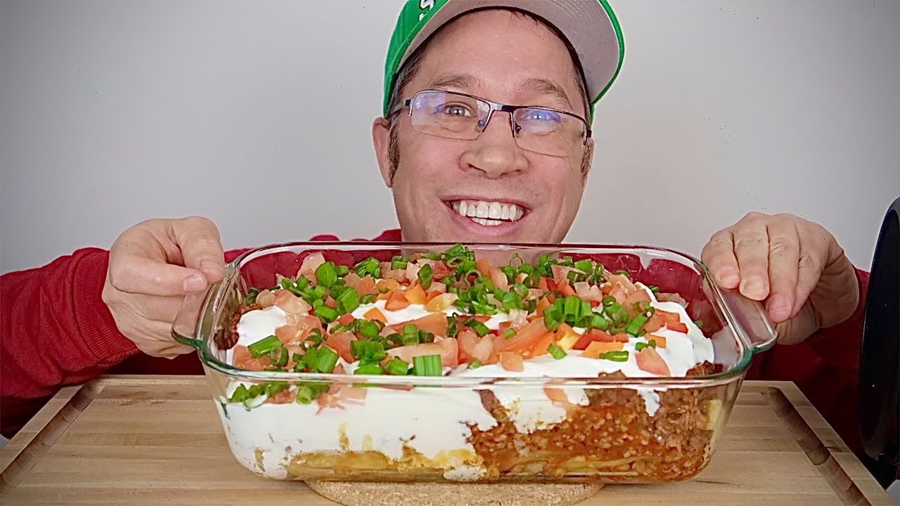 ASMR  loaded sloppy joes cheese fries  Mukbang  Feast ( eating sounds )