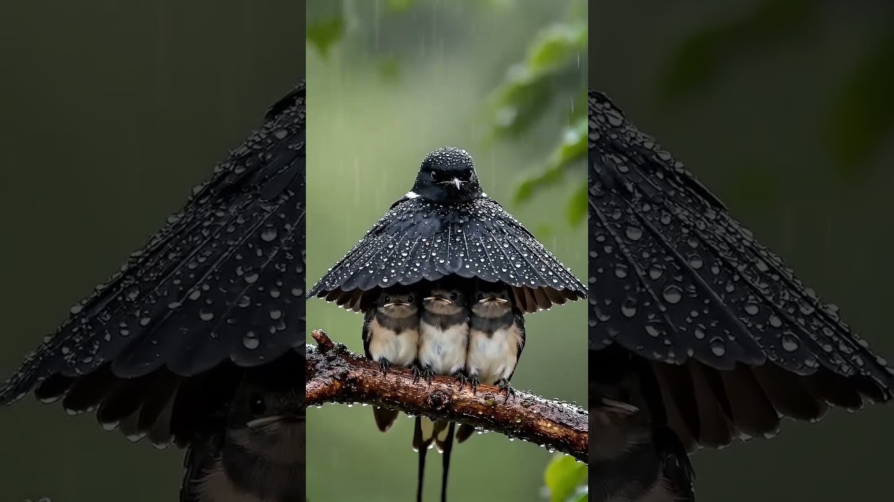 Shielding her tiny chicks from the rain