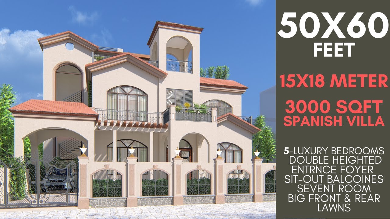 50X60 Feet House Design | Luxurious Spanish Style Villa for Royal Living | ID-073