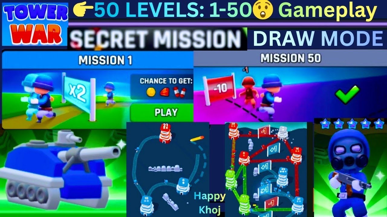 Tower War: Secret Mission Level 1-50 Gameplay 👉50 Levels Walkthrough | Draw Mode Complete Guide
