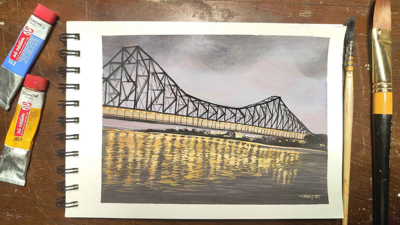 Painting Howrah Bridge in Gouache | Step-by-Step Urban Winter Nightscape Tutorial