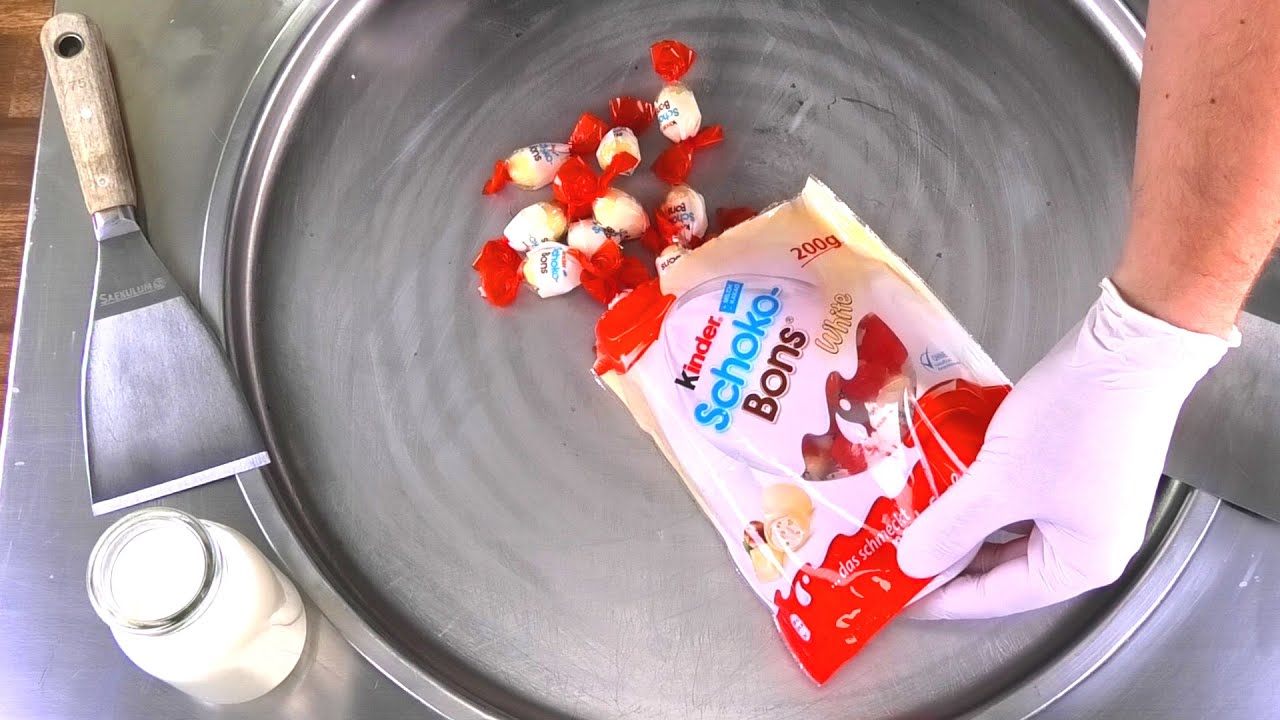 Ice Cream Rolls | white kinder Schoko-Bons rolled Chocolate Ice Cream - how to roll Schoko Bons ASMR