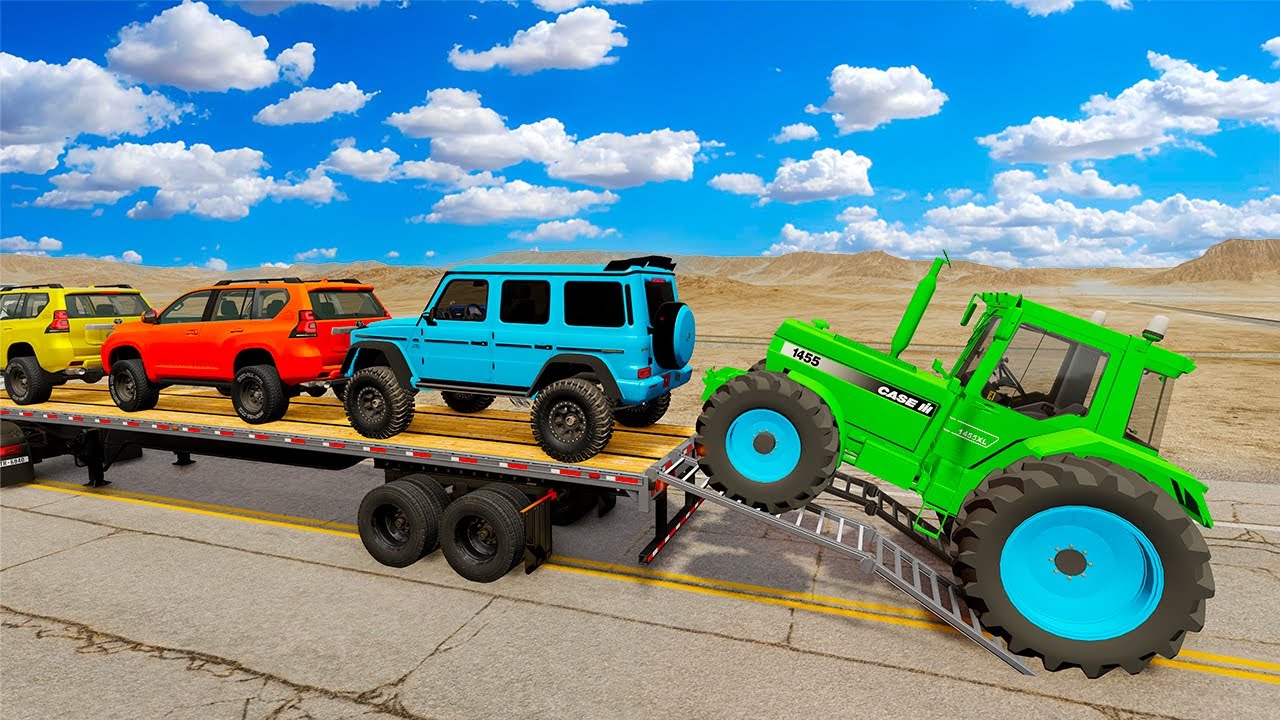 TRANSPORTING PIXAR CARS & FRUITS WITH COLORED & JOHN DEERE vs CLAAS vs TRACTORS - BeamNG.drive 