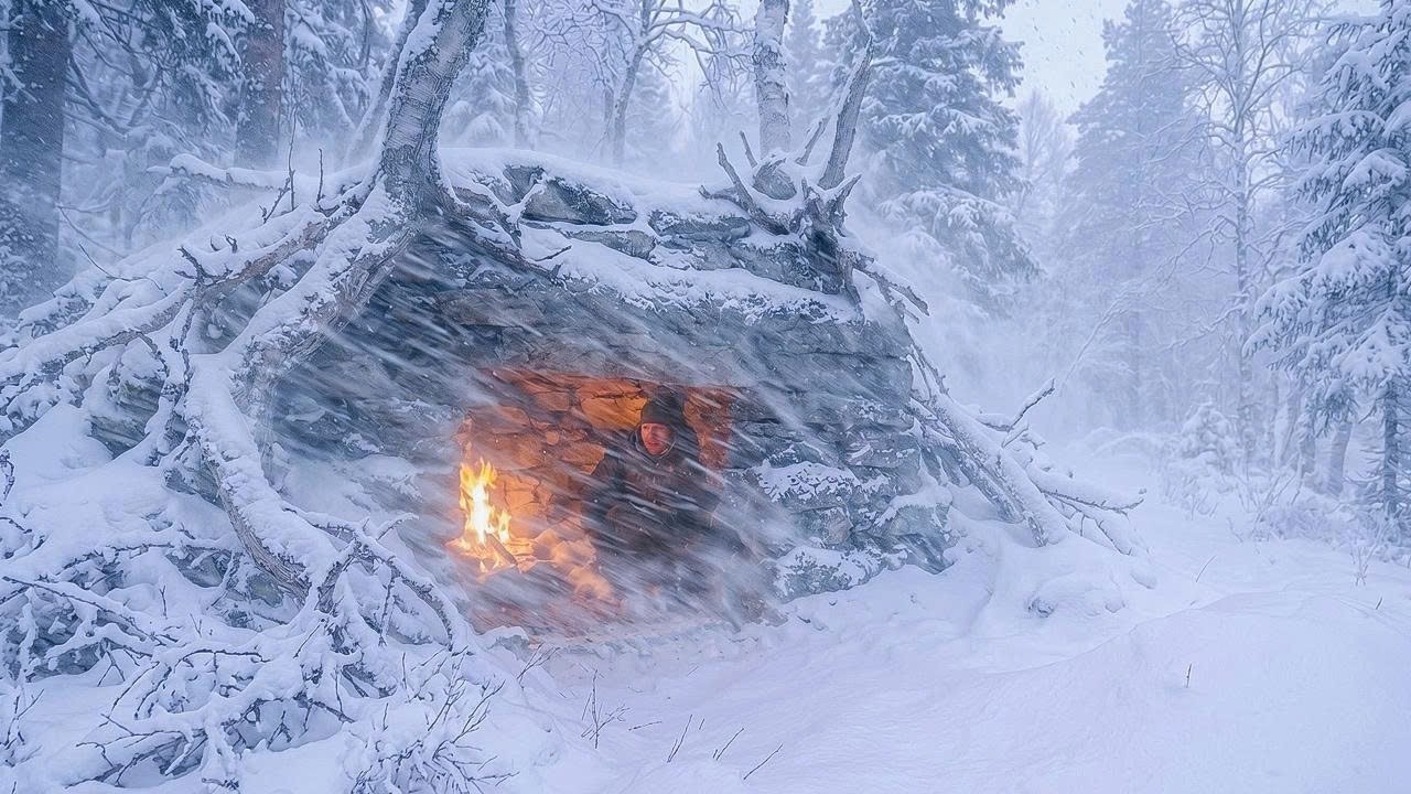 Surviving The SNOWTORM By Building a Bushcraft Shelter | Extreme Winter Survival