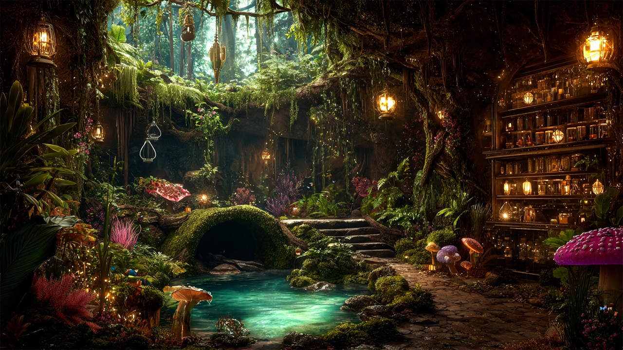 Exotic Plants Whimsical Library 📚 Echoes Magical Flute Music & Relaxing MountainForests Ambience