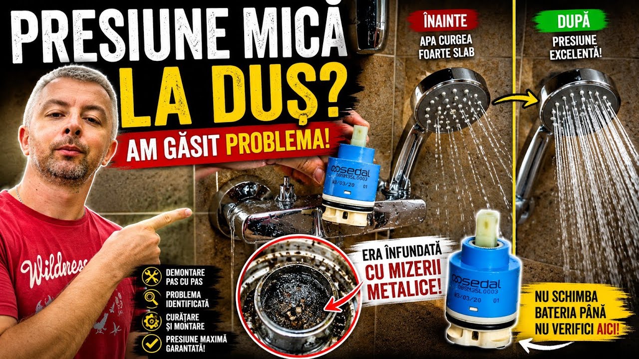 Demontare baterie duș. Presiune scăzută apă. Cartuș robinet înfundat.