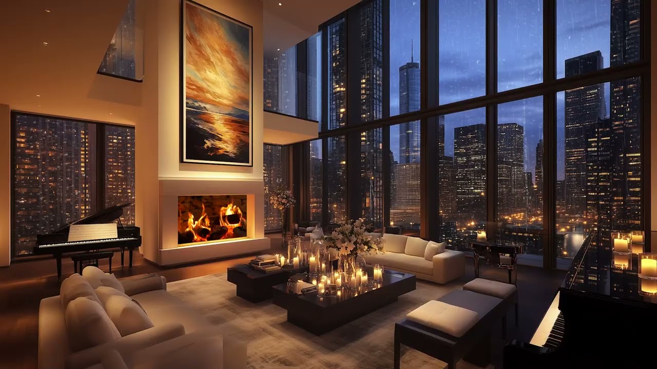 Smooth Jazz Piano & Crackling Fire | Warm Apartment Atmosphere for a Quiet Evening