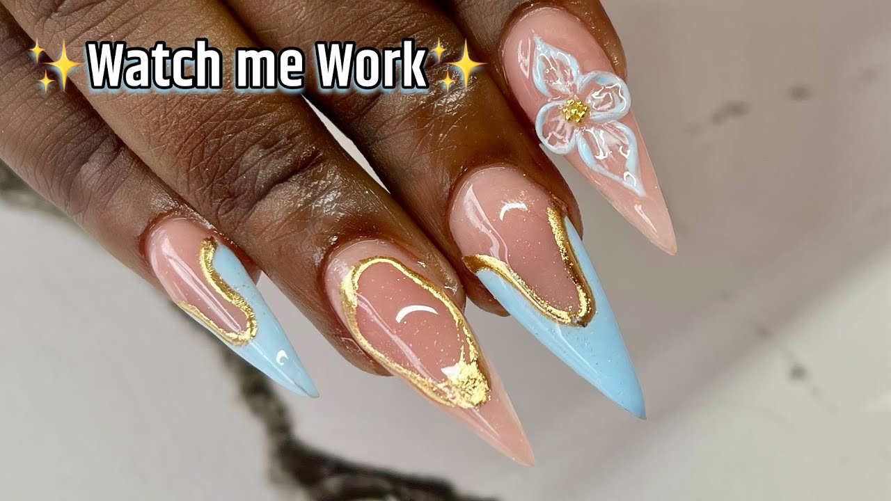 Elegant Blue & Gold French Nails with 3D Flower Art 🌸 | Acrylic Nail Design Tutorial