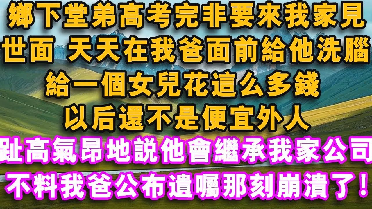 鄉下堂弟高考完非要來我家見世面，天天在我爸面前給他洗腦：給一個女兒花這麼多錢，以後還不是便宜外人，趾高氣昂地說他會繼承我家公司，不料我爸公佈遺囑那刻崩潰了