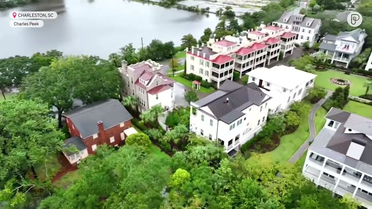 Drone view of flooding in Charleston during Tropical Storm Debby