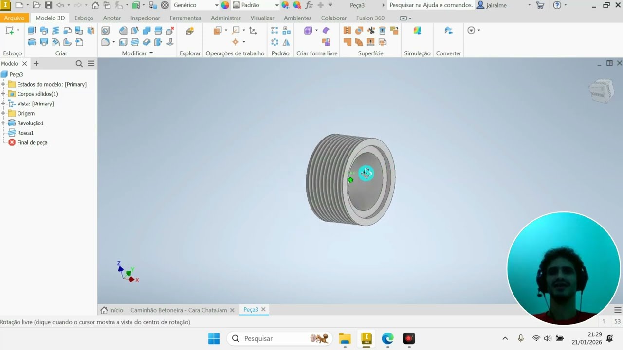 Peça 22 – Luva com Rosca Trapezoidal | Projeto Caminhão Betoneira | Autodesk Inventor