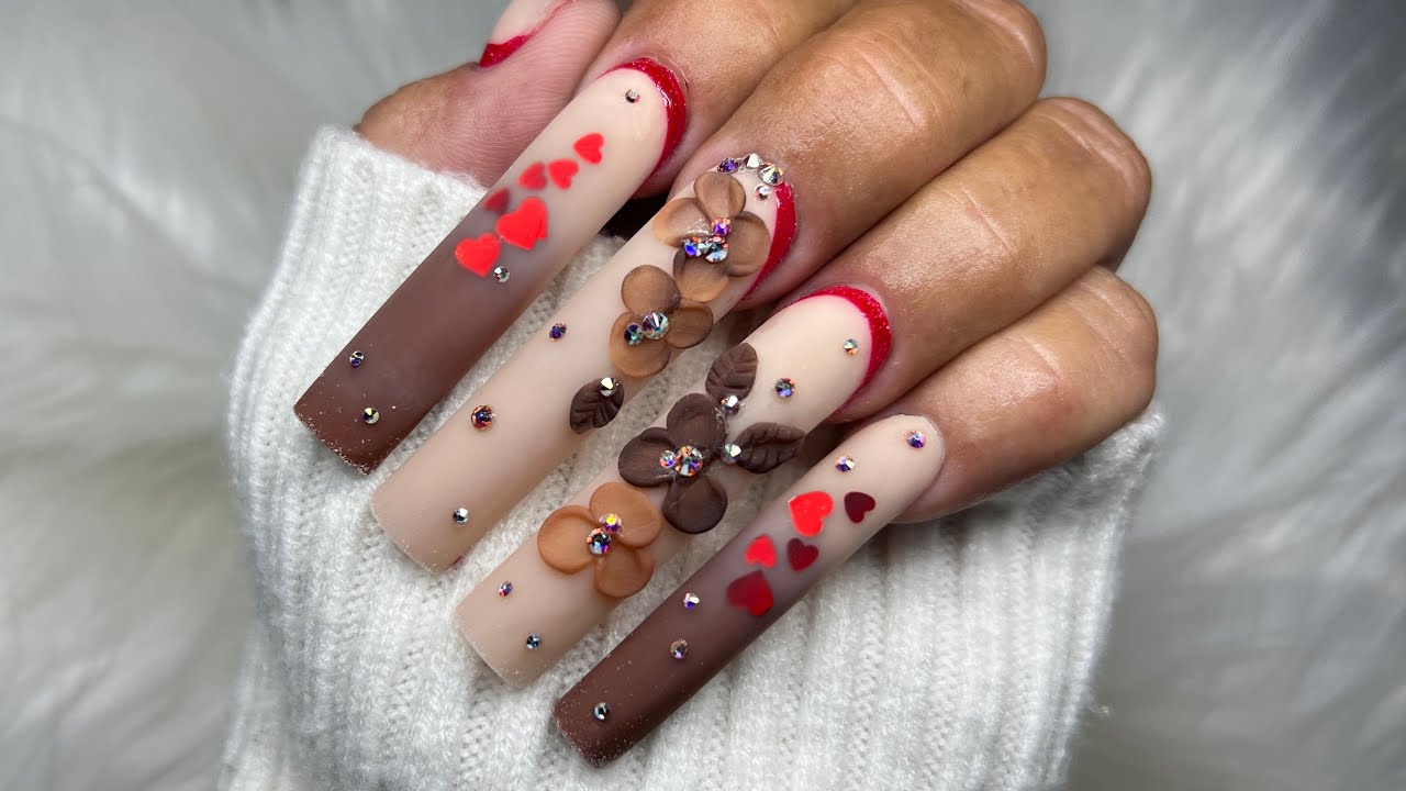 INSPO NAILS! VALENTINES DAY NUDE BROWN/HOW TO DO 3D FLOWERS/NAIL ART/OMBRE ACRYLIC APPLICATION/WMW
