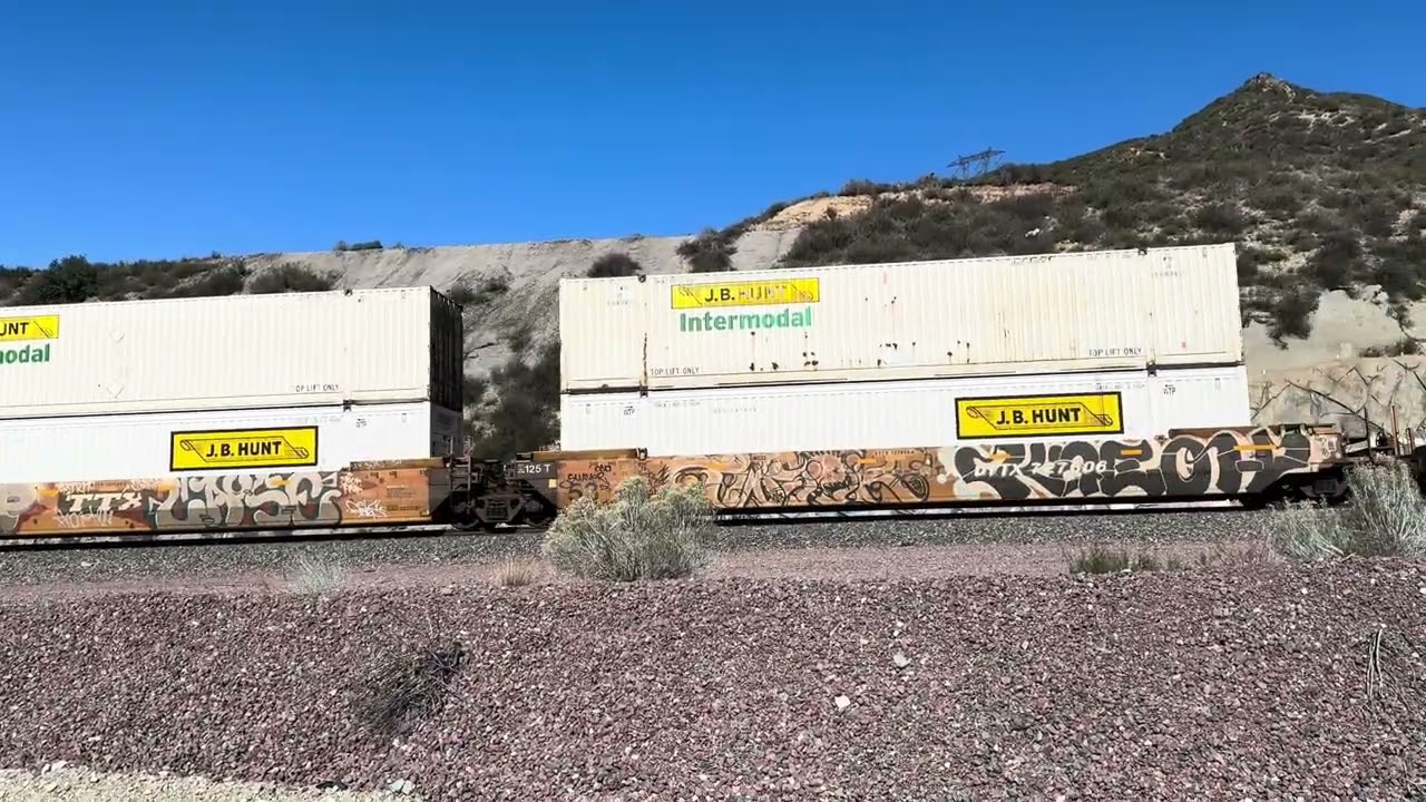 BNSF 8483 Leads Westbound Intermodal Train Rolling Through Blue Cut CA.
