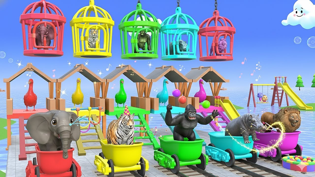 😱Long Slide Game With Cow Elephant Gorilla Hippopotamus Tiger 3d Animal Game Funny 3d Animals 🦍🦁🐘