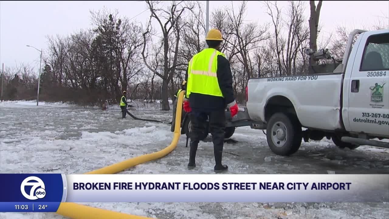 Fire hydrant hit by vehicle and floods nearby streets in Detroit