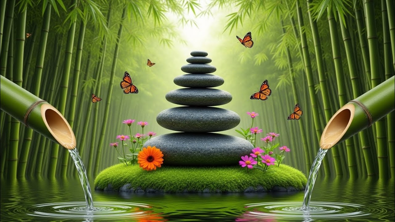 Bamboo Water Fountain + Beautiful Piano Music 🌿 Relaxing Music to Sleep In Peace, Meditation Music