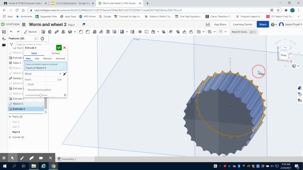 Червяк и колесо Создание зубчатой ​​передачи Onshape PLTW