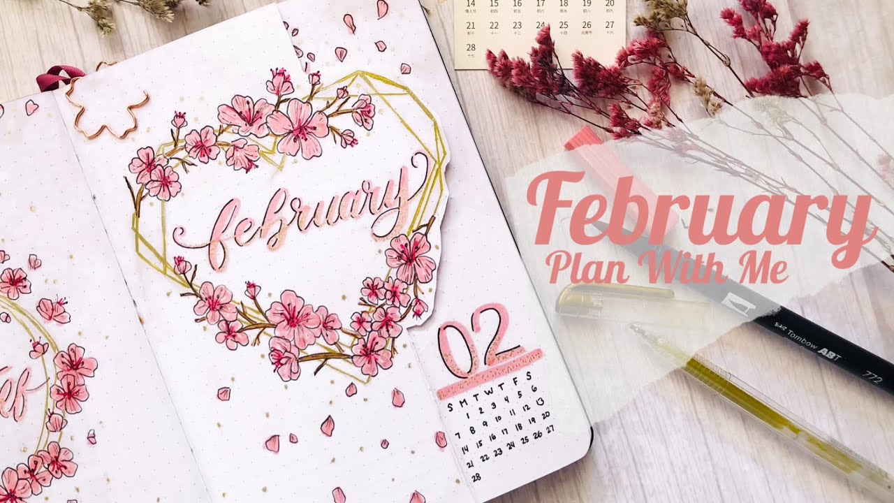 February 2021 Bullet Journal Set-up | Plan With Me | Cherry Blossom Theme | Chillhop Music