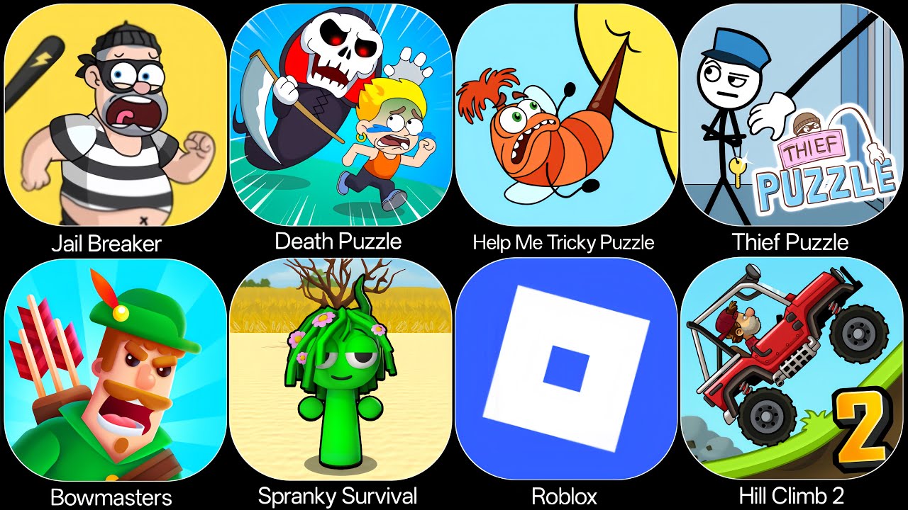 Roblox,Help Me Tricky Puzzle,Sprunki Survival,Death Puzzle,Jail Breaker,Bowmasters,Hill Climb 2