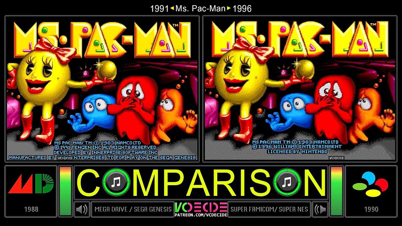 Ms. Pac-Man (Sega Genesis vs SNES) Side by Side Comparison | VCDECIDE