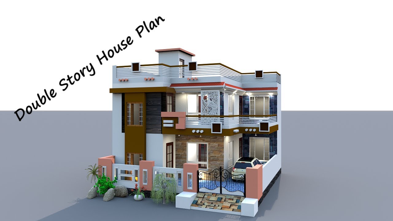 2 Bedroom Double Story House Plan With Parking , Modern Home Design in 3d