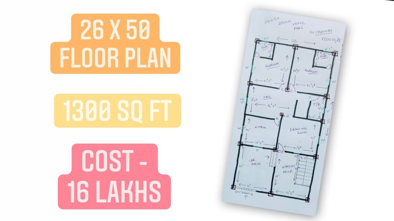 26 x 50  house plan II 1300 SQ FT house design with car parking II  ghar ka naksha.