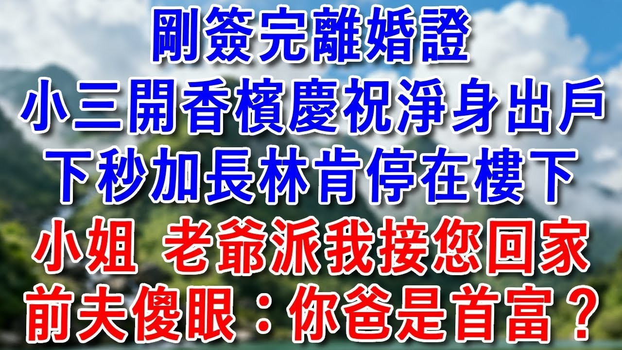 剛簽完離婚協議書，小三開香檳慶祝我淨身出戶，沒想到下秒加長林肯停在樓下。「小姐 老爺派我接您回家」前夫傻眼：你爸是首富？#為人處世 #生活經驗 #情感故事 #小說 #爽文 #婚姻 #大女主 #好運