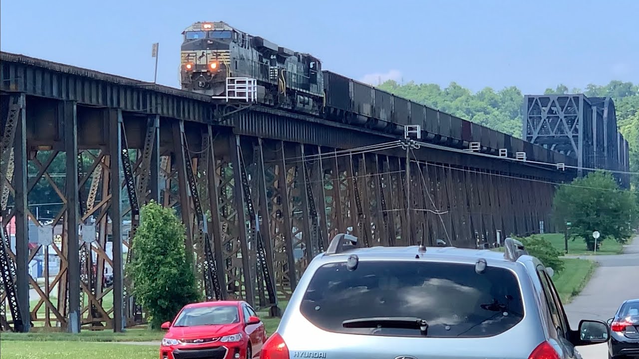 Coal Train Crosses Over Trestle, Then Circles Around Under The Trestle! Mile Long Bridge In 2 States
