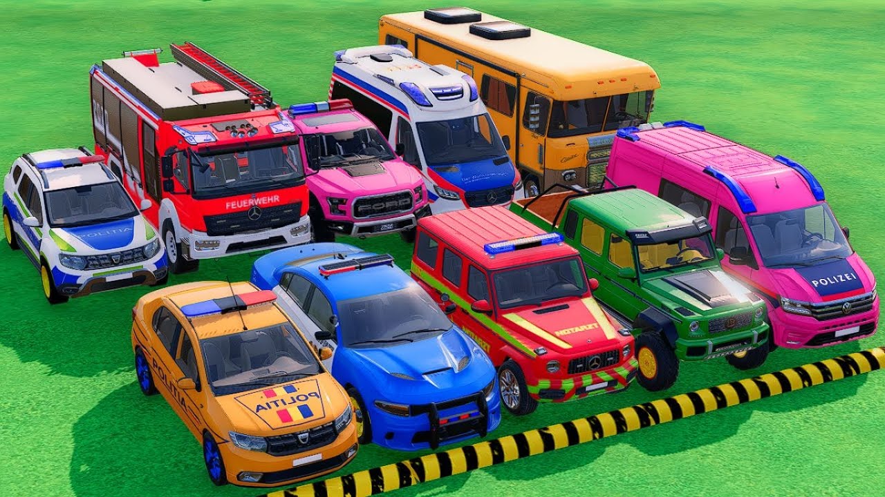TRANSPORTING POLICE CARS, FIRE DEPARTMENT, AMBULANCE WITH TRAIN, DACIA, FORD, VOLKSWAGEN ! FS22 #17
