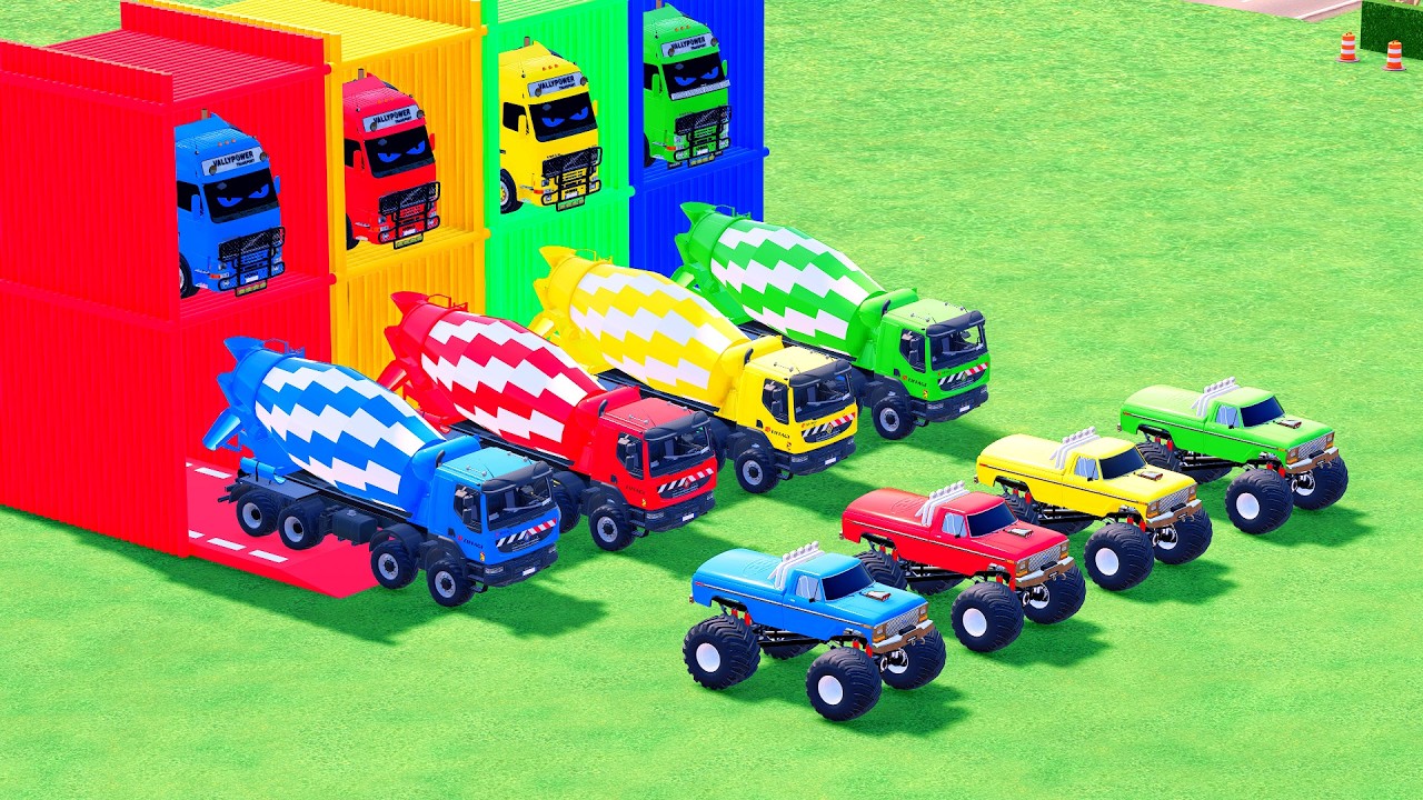 Garage with Colors - ALL MIXER TRUCK WITH DOUBLE FLATBED TRAILER TRUCK, SCANIA, MACK #82 - FS22