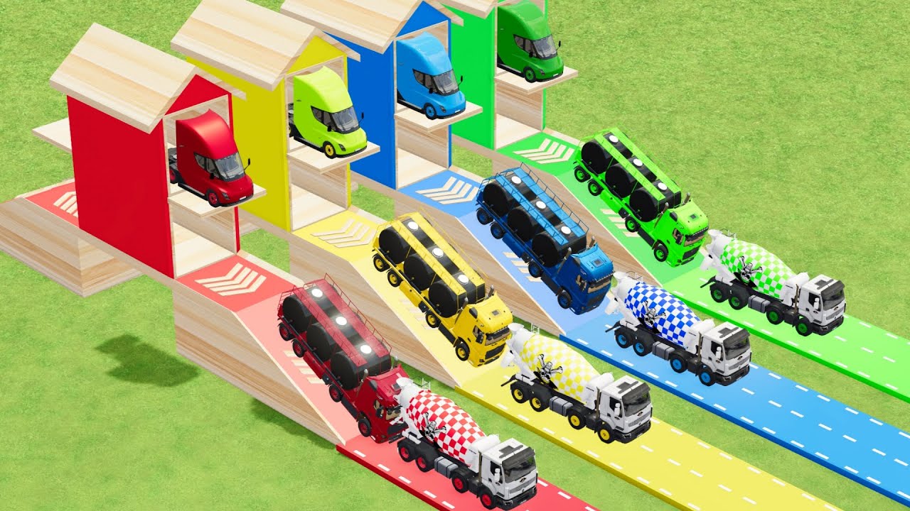 Garage with Colors - ALL MIXER TRUCK WITH DOUBLE FLATBED TRAILER TRUCK IVOCE, KRAZ