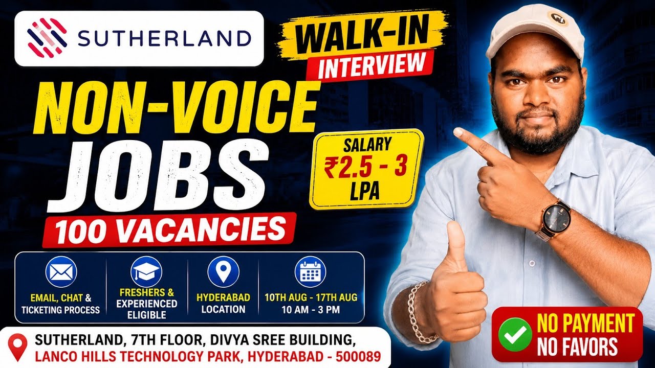 Sutherland Walk-In Jobs Hyderabad 2026 🔥 100 Vacancies | ₹3 LPA | Freshers Eligible | Non-Voice Jobs
