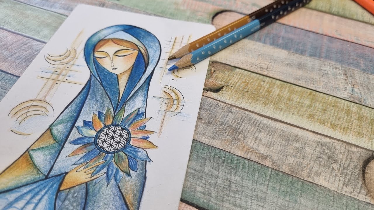 Colored Pencil Artwork — Serene Figure with Sunflower
